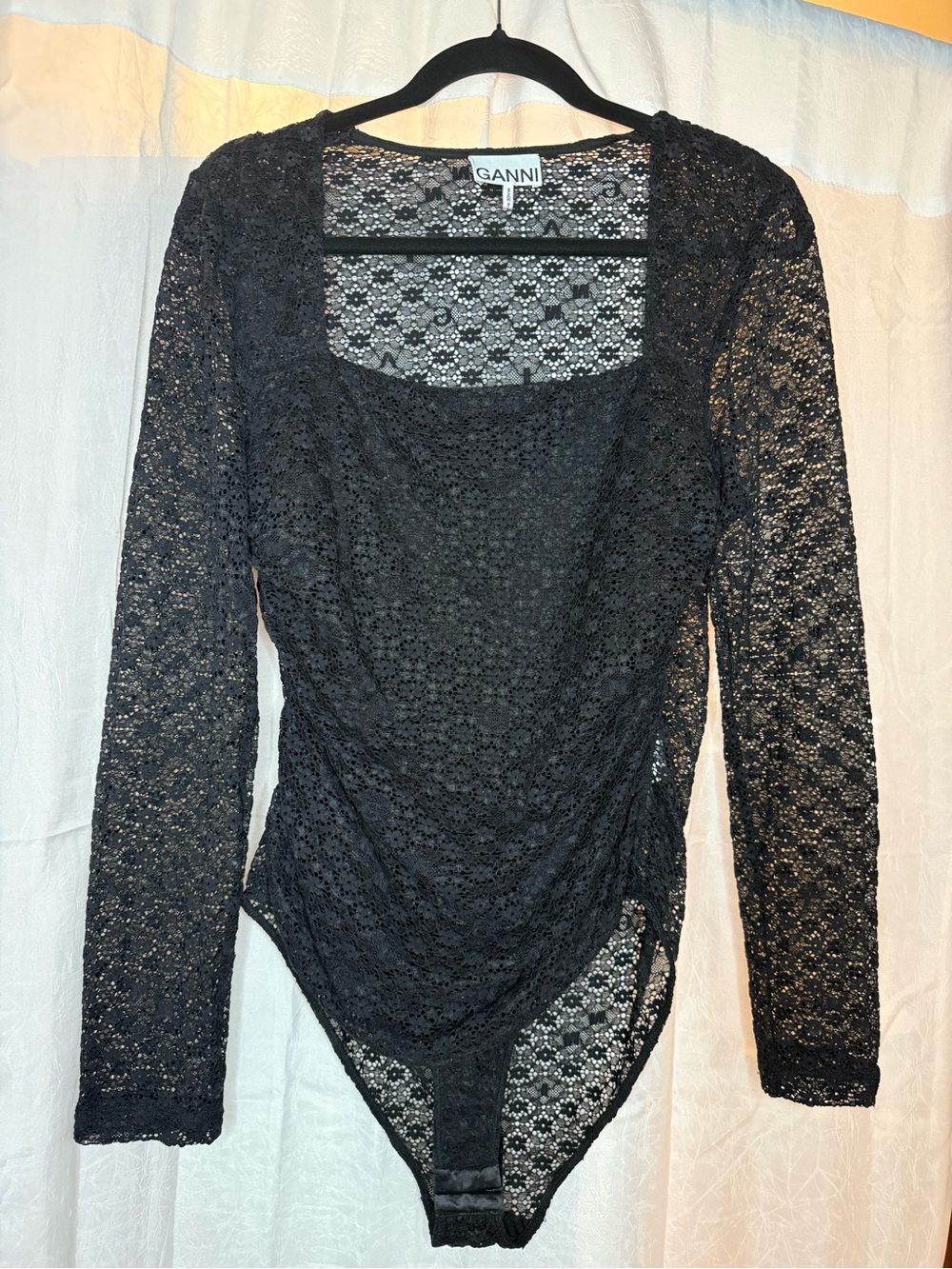 Ganni Black Floral Lace Long-Sleeve Bodysuit